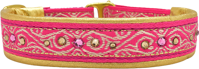 Vanessa hot pink and gold wave scroll motif European-crystal limited slip dog collar by Fuzzywumpets.