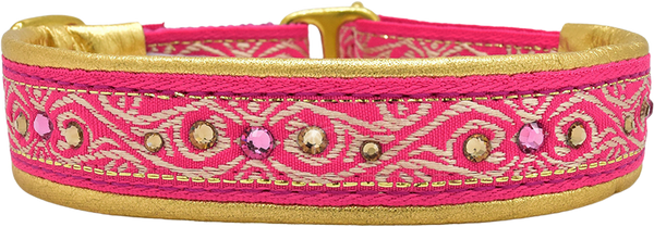 Vanessa hot pink and gold wave scroll motif European-crystal limited slip dog collar by Fuzzywumpets.
