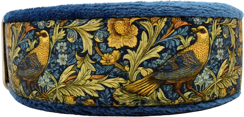 Flight of Fancy navy and gold birds and florals fleece-lined martingale-style limited slip dog collar by Fuzzywumpets.