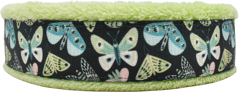 Luna black with green and blue butterfly print fleece-lined martingale-style limited slip dog collar by Fuzzywumpets.