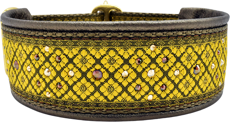 1.5" Honey Valhalla Luxe Limited Slip Collar for dogs, Black leather lining, handmade in the USA by Fuzzywumpets.