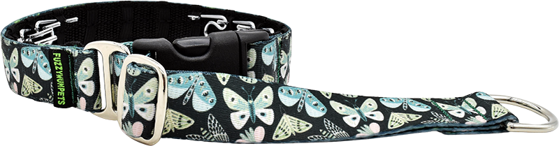 Luna black with green and blue butterfly print hidden prong / private trainer dog collar by Fuzzywumpets.