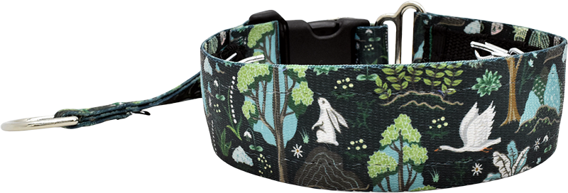 Enchanted Forest dark green forest with rabbit and bird hidden prong / private trainer dog collar by Fuzzywumpets.