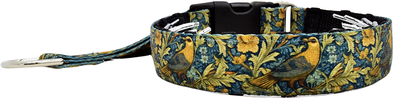 Flight of Fancy navy and gold birds and florals hidden prong / private trainer dog collar by Fuzzywumpets.