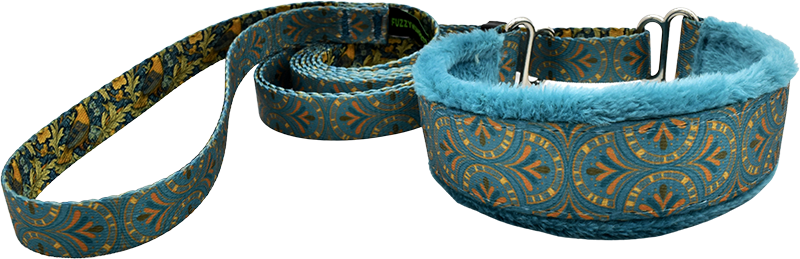 1" Art Deco Dreams Everyday Martingale Walking Lead with teal and gold pattern and soft microplush fleece lining.