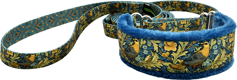 Flight of Fancy navy and gold birds and florals fleece-lined martingale walking lead — no-slip dog leash by Fuzzywumpets.