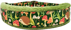 Shroom Dudes green hedgehog and mushroom print fleece-lined martingale-style limited slip dog collar by Fuzzywumpets 1 inch wide.
