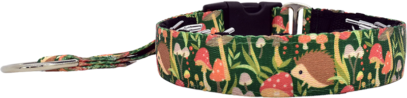 Shroom Dudes green and orange mushroom print hidden prong / private trainer dog collar by Fuzzywumpets.