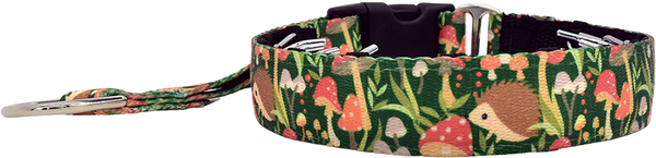 Shroom Dudes green and orange mushroom print hidden prong / private trainer dog collar by Fuzzywumpets.