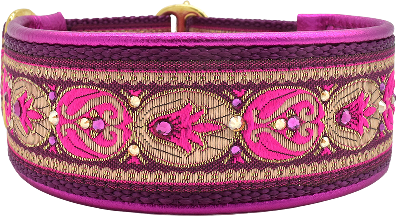 Sweetheart magenta and gold floral vine ribbon European-crystal limited slip dog collar by Fuzzywumpets.