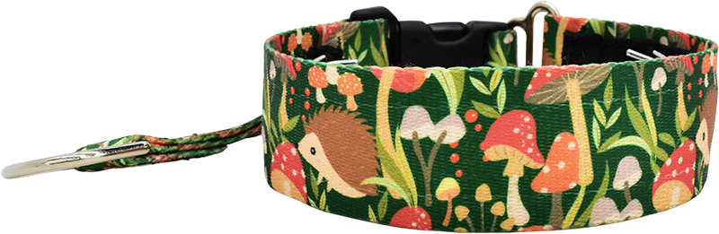Shroom Dudes green and orange mushroom print hidden prong / private trainer dog collar by Fuzzywumpets.