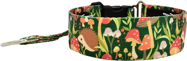 Shroom Dudes green and orange mushroom print hidden prong / private trainer dog collar by Fuzzywumpets.
