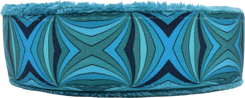 Teal Jesse multi-teal blue diamond wave fleece-lined martingale-style limited slip dog collar by Fuzzywumpets.