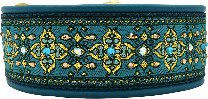 Teal Nouvelle teal and yellow-gold ornate cross motif European-crystal limited slip dog collar by Fuzzywumpets.