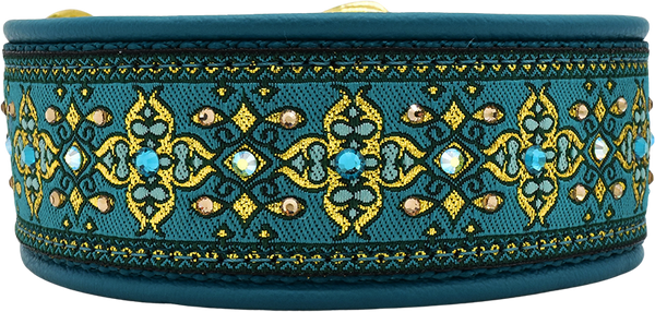 Teal Nouvelle teal and yellow-gold ornate cross motif European-crystal limited slip dog collar by Fuzzywumpets.