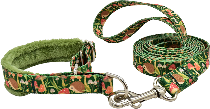Shroom Dudes green and orange mushroom print fleece-lined martingale-style limited slip dog collar by Fuzzywumpets.