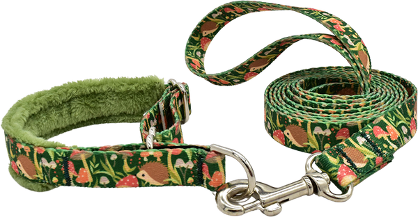 Shroom Dudes green and orange mushroom print fleece-lined martingale-style limited slip dog collar by Fuzzywumpets.