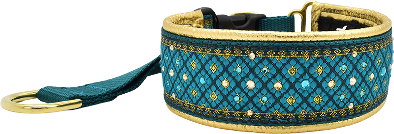 Peacock Valhalla teal and gold diamond dot pattern European-crystal hidden prong collar by Fuzzywumpets.