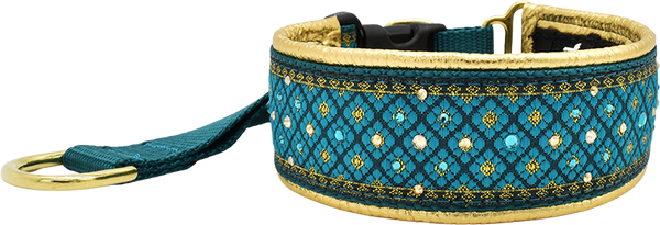 Peacock Valhalla teal and gold diamond dot pattern European-crystal hidden prong collar by Fuzzywumpets.