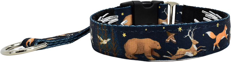 Forest Run navy ribbon with foxes and hares among stars hidden prong / private trainer dog collar by Fuzzywumpets.