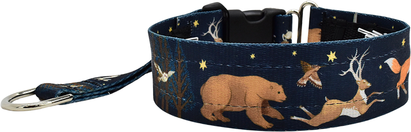 Forest Run navy ribbon with foxes and hares among stars hidden prong / private trainer dog collar by Fuzzywumpets.