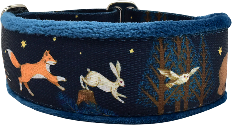 1.5" Forest Run Everyday Limited Slip Collar for dogs, Purple leather lining, handmade in the USA by Fuzzywumpets.