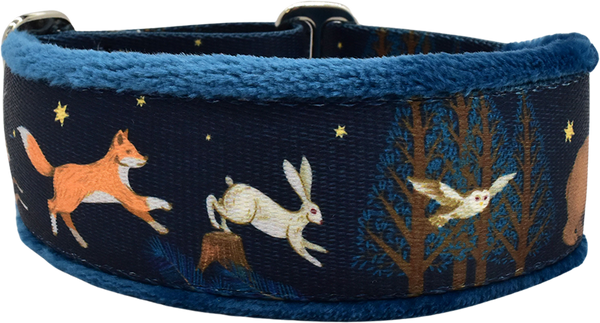 1.5" Forest Run Everyday Limited Slip Collar for dogs, Purple leather lining, handmade in the USA by Fuzzywumpets.