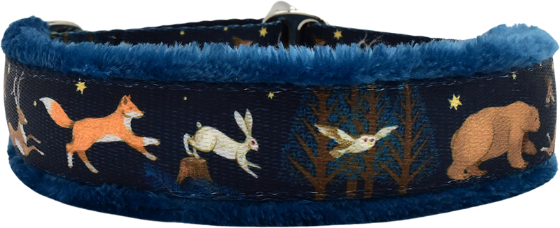 Forest Run navy ribbon with foxes and hares among stars fleece-lined martingale-style limited slip dog collar.