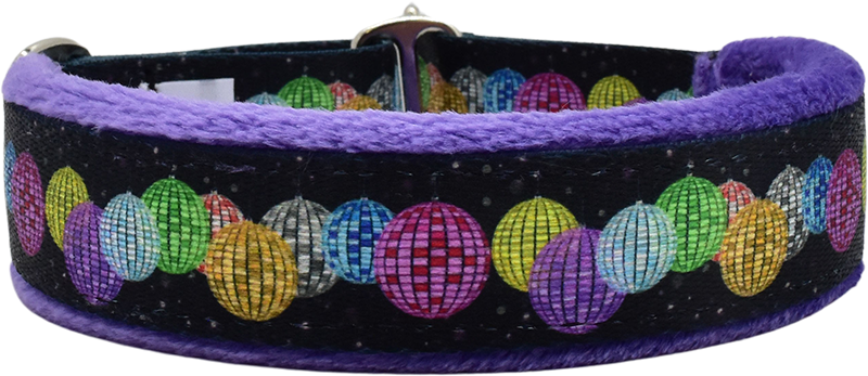 Disco Balls purple and multicolor iridescent glitter stripe fleece-lined martingale-style limited slip dog collar.