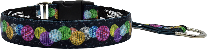 Disco Balls purple and iridescent multicolor stripe hidden prong / private trainer dog collar by Fuzzywumpets.