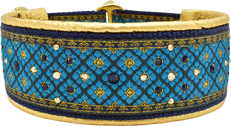 1.5" Peacock Valhalla Luxe Limited Slip Collar for dogs, Black leather lining, handmade in the USA by Fuzzywumpets.