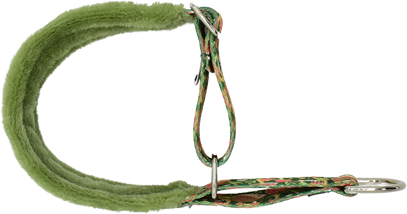 Shroom Dudes green and orange mushroom print fleece-lined martingale-style limited slip dog collar by Fuzzywumpets.