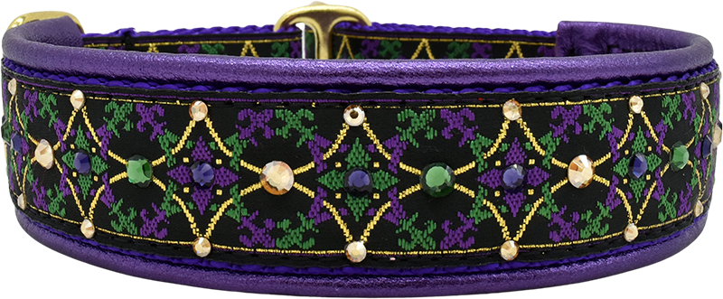 Carnival purple, green and gold diamond lattice European-crystal limited slip dog collar by Fuzzywumpets.