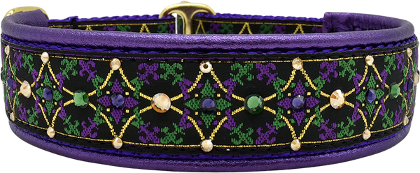 Carnival purple, green and gold diamond lattice European-crystal limited slip dog collar by Fuzzywumpets.