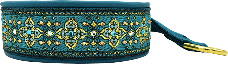 Teal Nouvelle teal and yellow-gold ornate cross motif European-crystal hidden prong collar by Fuzzywumpets.
