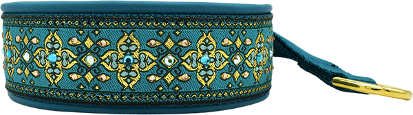 Teal Nouvelle teal and yellow-gold ornate cross motif European-crystal hidden prong collar by Fuzzywumpets.
