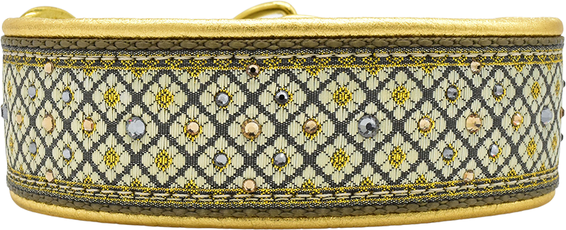 Valhalla cream and gold diamond lattice motif European-crystal limited slip dog collar by Fuzzywumpets.