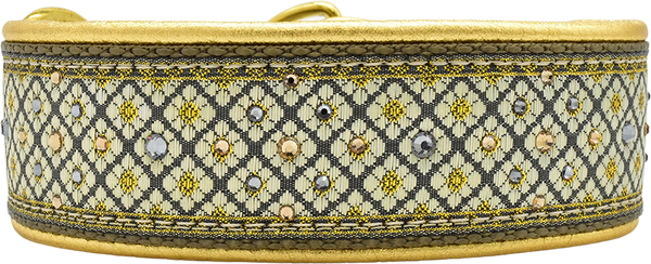 Valhalla cream and gold diamond lattice motif European-crystal limited slip dog collar by Fuzzywumpets.