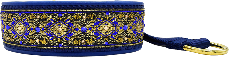 Cobalt Andersen cobalt blue and gold ornate scrollwork European-crystal hidden prong collar by Fuzzywumpets.