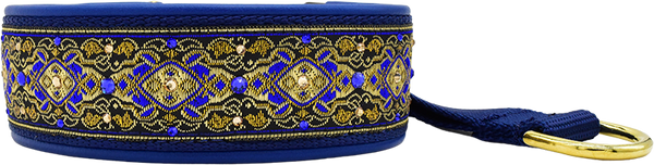 Cobalt Andersen cobalt blue and gold ornate scrollwork European-crystal hidden prong collar by Fuzzywumpets.