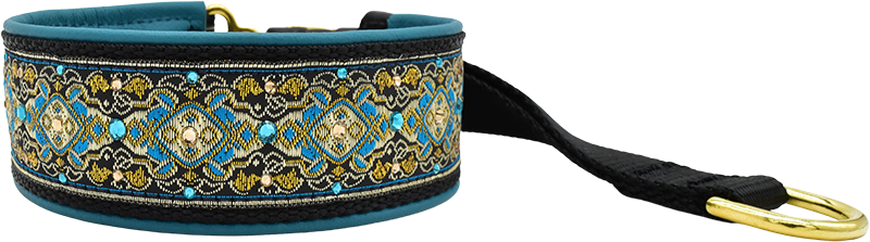Teal Andersen teal, yellow-gold, and black geometric European-crystal hidden prong collar by Fuzzywumpets.