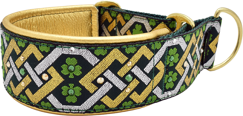 1.5" Luck o' the Irish Luxe Limited Slip Collar for dogs, Black leather lining, handmade in the USA by Fuzzywumpets.