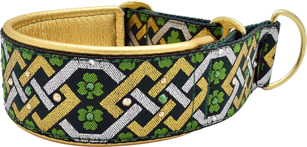 1.5" Luck o' the Irish Luxe Limited Slip Collar for dogs, Black leather lining, handmade in the USA by Fuzzywumpets.