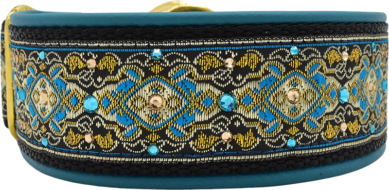Teal Andersen teal, yellow-gold, and black geometric European-crystal limited slip dog collar by Fuzzywumpets.