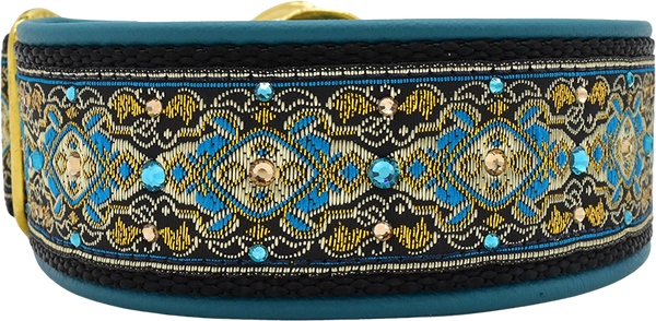 Teal Andersen teal, yellow-gold, and black geometric European-crystal limited slip dog collar by Fuzzywumpets.