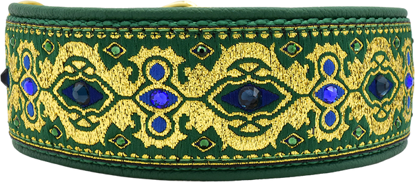 1.5" Gilded in Green Luxe Limited Slip Collar for dogs, Purple Metallic leather lining, handmade in the USA by Fuzzywumpets.