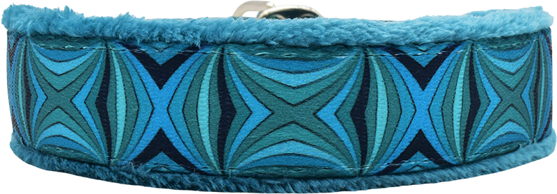 Teal Jesse multi-teal blue diamond wave fleece-lined martingale-style limited slip dog collar by Fuzzywumpets.
