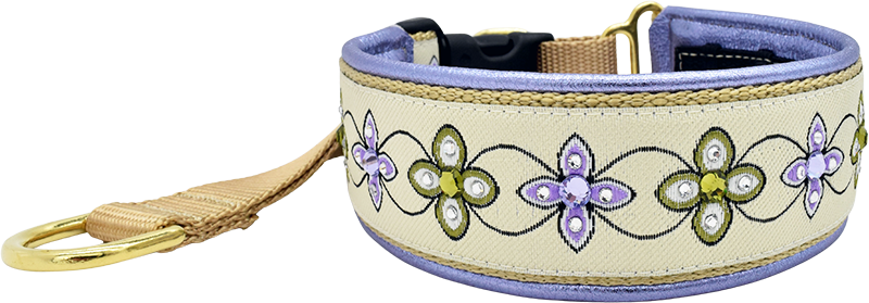 Violet Obsession cream and lavender geometric floral European-crystal hidden prong collar by Fuzzywumpets.