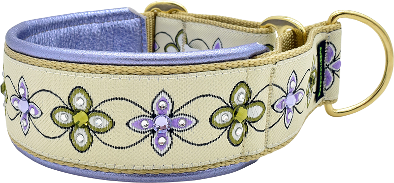 Violet Obsession cream and lavender geometric floral European-crystal limited slip dog collar by Fuzzywumpets.