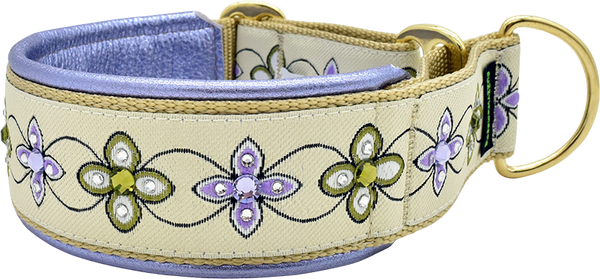 Violet Obsession cream and lavender geometric floral European-crystal limited slip dog collar by Fuzzywumpets.